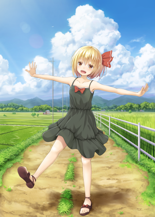 alternate_costume armpits bare_arms bare_shoulders black_dress blonde_hair blue_sky cloud collarbone day dress fence full_body hair_ribbon landscape mountain open_mouth ouka_(ra-raradan) outstretched_arms path power_lines red_eyes ribbon rice_paddy road rumia sandals sky smile solo sundress touhou