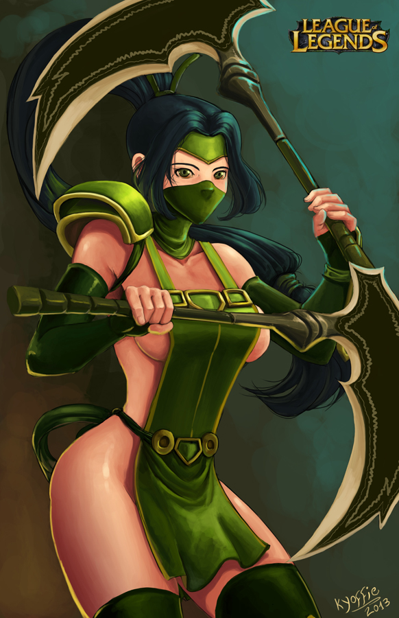 akali apron breasts fingerless_gloves gloves green_eyes kama_(weapon) kyoffie12 large_breasts league_of_legends mask naked_apron ninja ponytail sickle sideboob solo thighhighs