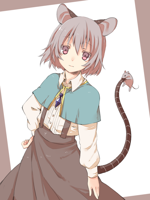 adapted_costume akagashi_hagane animal animal_ears expressionless grey_hair hand_on_hip jewelry long_sleeves looking_at_viewer mouse mouse_ears mouse_tail nazrin necklace red_eyes shawl short_hair skirt solo suspenders tail touhou