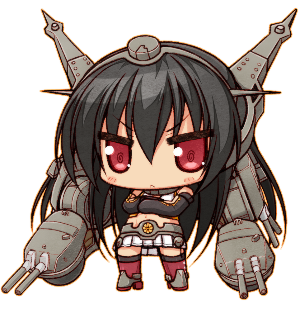 :&lt; @_@ bare_shoulders black_hair blush chibi elbow_gloves full_body gloves hairband headgear kantai_collection long_hair nagato_(kantai_collection) naturalton red_eyes skirt solo thighhighs transparent_background turret