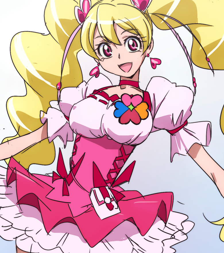 blonde_hair bow choker cure_peach earrings fresh_precure! frilled_skirt frills heart heart_earrings jewelry long_hair looking_at_viewer magical_girl manji_(tenketsu) momozono_love open_mouth pink_bow pink_choker pink_eyes pink_skirt precure skirt smile solo twintails