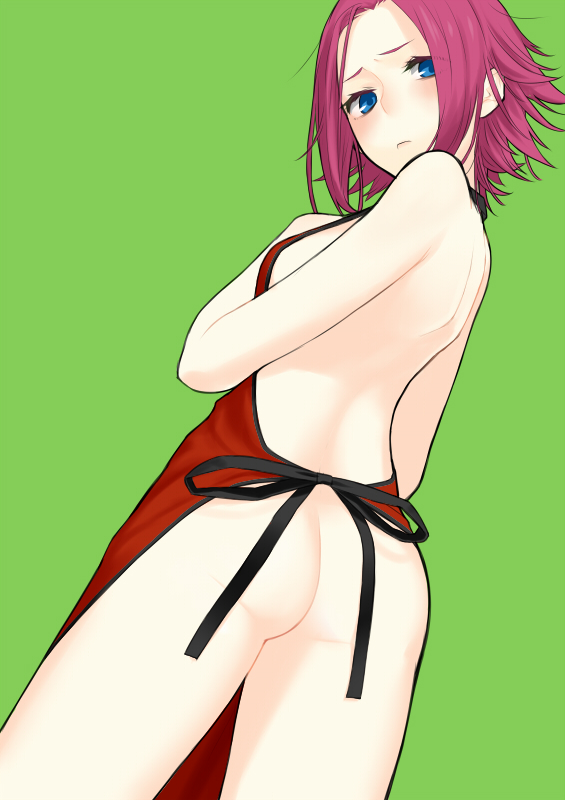 apron ass bangs bare_shoulders blue_eyes blush code_geass flat_ass from_behind green_background hand_on_own_chest kallen_stadtfeld looking_back naked_apron parted_bangs pink_hair robo8 simple_background solo