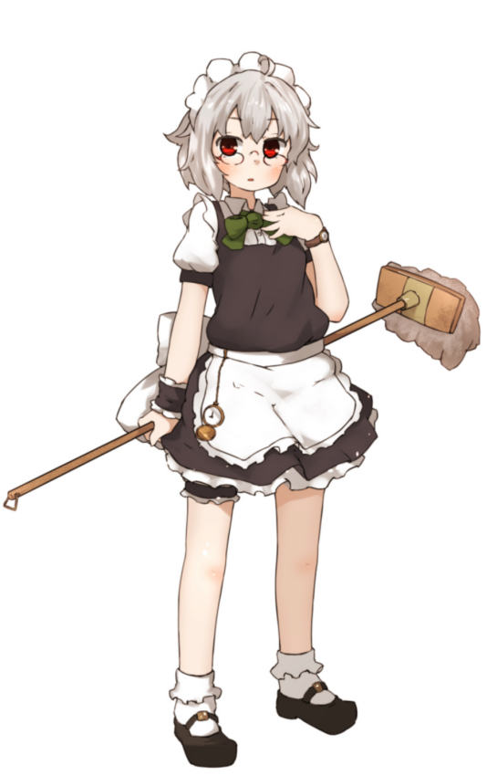 amonitto apron bespectacled black_dress dress full_body glasses izayoi_sakuya leg_garter looking_at_viewer maid maid_headdress mary_janes mop pocket_watch puffy_sleeves red_eyes shoes silver_hair simple_background solo standing touhou waist_apron watch white_background wrist_cuffs wristwatch
