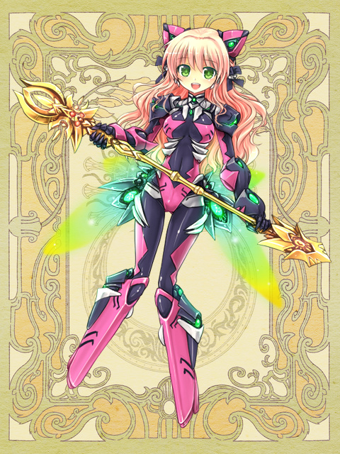 animal_ears armor armored_boots ass_wings black_ribbon bodysuit boots covered_navel energy_wings fake_animal_ears full_body gauntlets gloves greaves green_eyes hair_ornament hair_ribbon headset long_hair looking_at_viewer mecha_musume open_mouth orange_hair pigeon-toed pink_armor pink_bodysuit psychic_hearts ribbon shinohara_kobato shiny shiny_clothes shiny_hair shoulder_pads skin_tight smile solo tokimaru_yoshihisa wand wavy_hair
