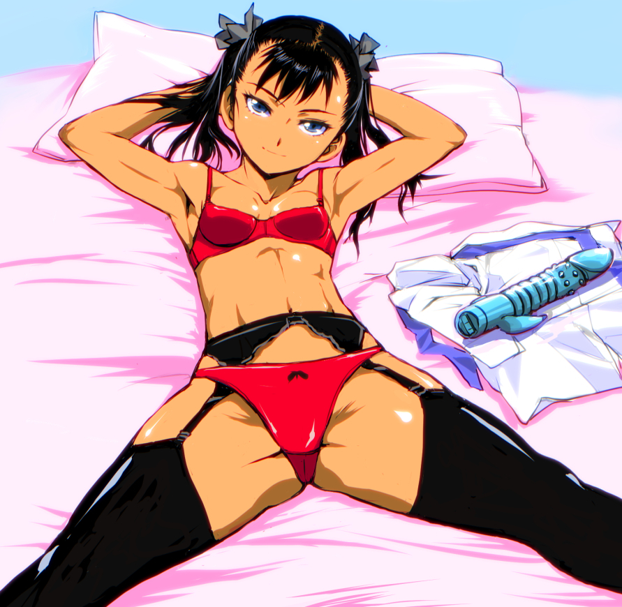 armpit_crease armpits arms_behind_head arms_up bangs bed bedroom black_garter_belt black_hair black_legwear bow bow_panties bra breasts breasts_apart clothes_on_bed clothes_removed crotch_seam dark_skin forehead garter_belt groin half-closed_eyes head_tilt indoors lingerie looking_at_viewer lying naughty_face navel on_bed original panties panties_over_garter_belt parted_hair pillow red_bra red_panties revision shiny shiny_hair small_breasts smile solo spread_legs stomach tan thighhighs toned tongue twintails underwear underwear_only vibrator yuya