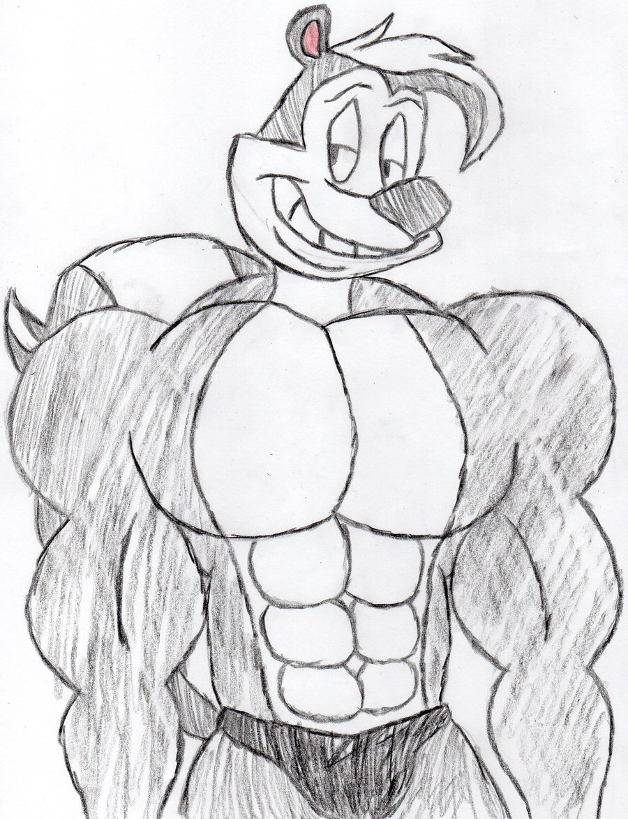 _pew anthro grey_nose grey_skin grin half-closed_eyes huskie_love looking_away looney_tunes male muscle_pepe_le_pew muscles pep&#233;_le_pew pepe_le standing topless traditional_media warner_brothers
