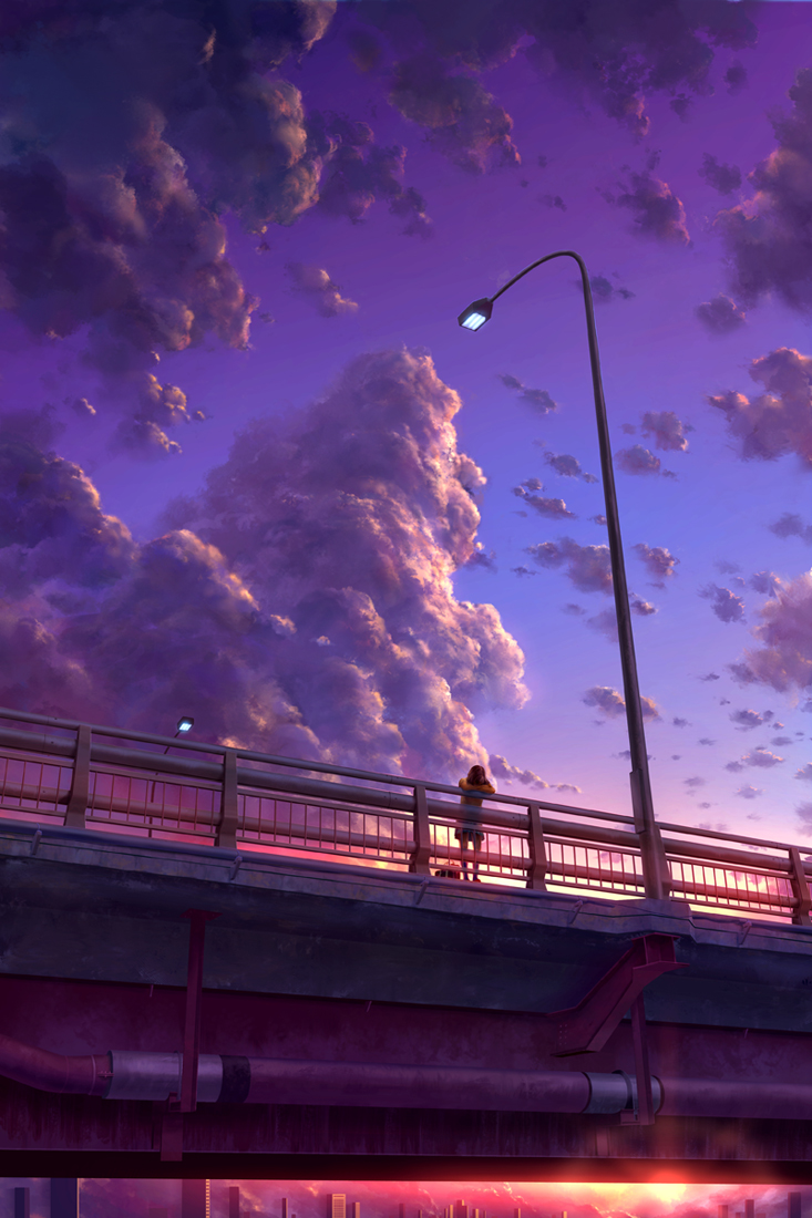 bag building city cloud cloudy_sky crossed_arms from_below kaitan lamppost leaning leaning_forward original overpass purple_sky road scenery skirt sky solo street sunset very_wide_shot