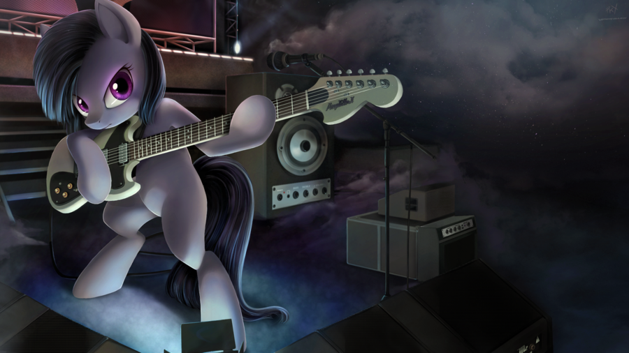 amp equine guitar horse inkie_pie_(mlp) mammal pony purple_eyes smoke speaker stage viperdash-venomous