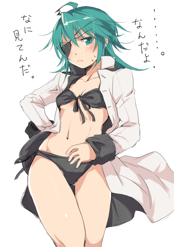 alternate_costume bikini blush eyepatch green_hair jacket kantai_collection kiso_(kantai_collection) mataichi_mataro open_clothes short_hair solo swimsuit translated