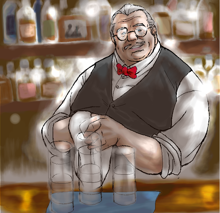 1boy bartender bow bowtie charlie_(gundam_0080) drink glass glasses gundam gundam_0080 indoors male male_focus solo white_hair