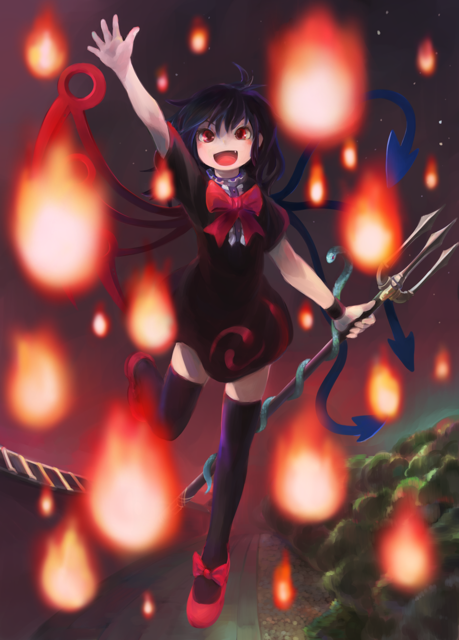 arm_up asymmetrical_wings black_hair black_legwear bow dress fang fire highres houjuu_nue ichiba_youichi mary_janes open_mouth polearm red_eyes shoes short_dress short_hair smile snake solo thighhighs touhou weapon wings