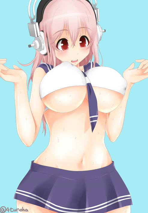 bad_id bad_pixiv_id between_breasts blush breasts covered_nipples headphones large_breasts long_hair miniskirt navel nitroplus open_mouth pink_hair red_eyes ribbon skirt solo super_sonico underboob yotsunoa