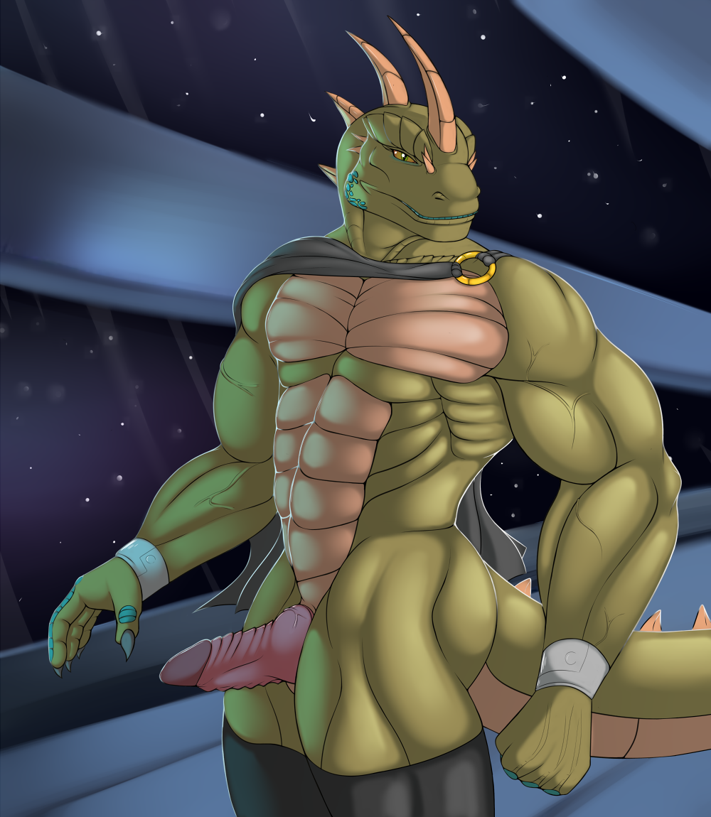 abs anthro barbs ben300 biceps big_muscles blue_skin bracelet cape claws clothing cuffs erection genital_slit green_eyes green_skin horn jewelry knot lizard looking_at_viewer male manly muscles nude outer_space pants pants_down pecs peis penis pose reptile reptile_cynrik scales scalie sharp_claws sheath slit solo spikes standing star toned topless vein veiny_penis