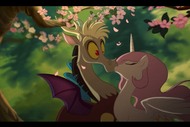 discord_(mlp) draconequus equine friendship_is_magic horn kissing mammal my_little_pony petals princess_celestia_(mlp) winged_unicorn wings