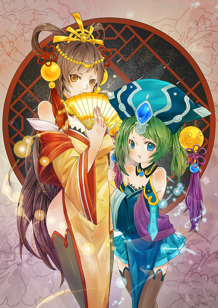 arta bare_shoulders blue_eyes brown_eyes brown_hair chinese_clothes da_qiao_&amp;_xiao_qiao fan folding_fan green_hair hair_ornament long_hair multiple_girls puzzle_&amp;_dragons skirt thighhighs twintails