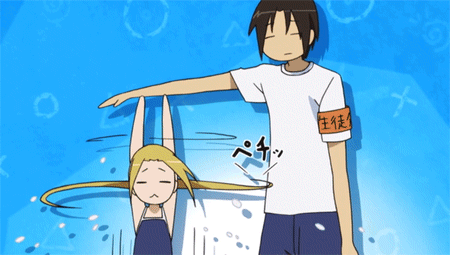 1girl :&lt; animated animated_gif armband artist_request bangs blonde_hair blue_background blue_pants brown_hair closed_eyes closed_mouth competition_school_swimsuit hagimura_suzu jitome long_hair lowres one-piece_swimsuit pants seitokai_yakuindomo shirt short_sleeves spinning standing swimsuit tsuda_takatoshi twintails white_shirt