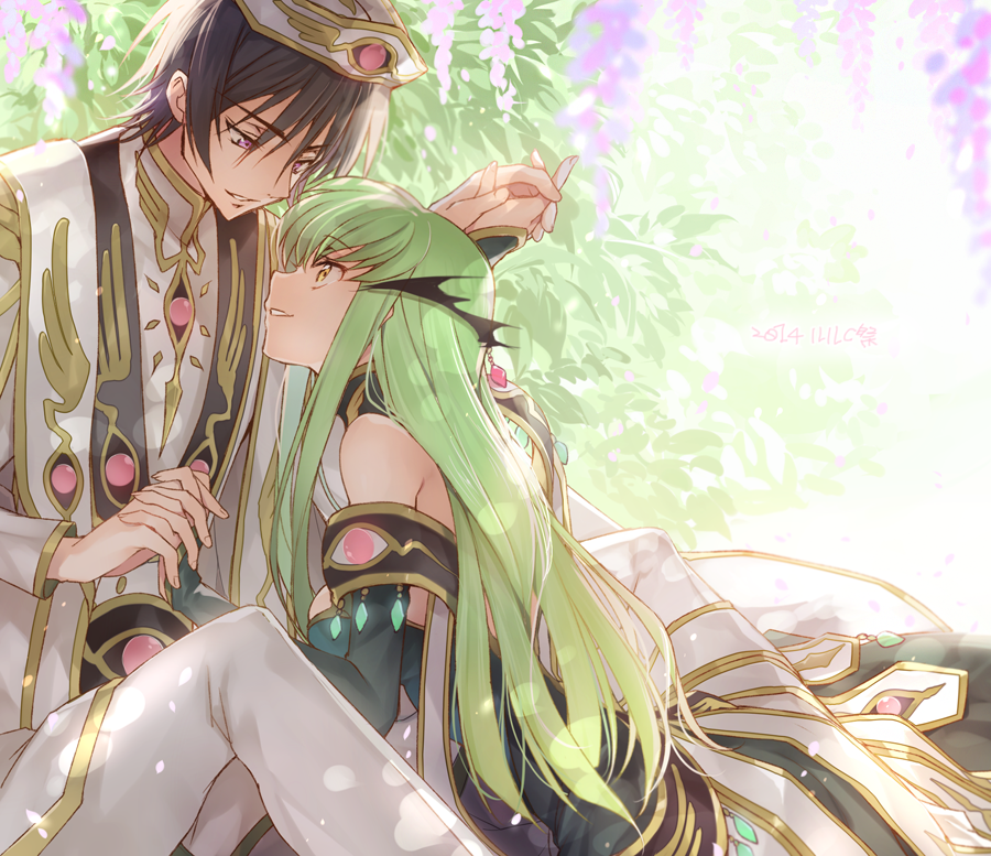 1girl bare_shoulders black_hair breasts c.c. code_geass couple creayus dated dress eye_contact green_hair grin hair_ornament hat hetero holding_hands lelouch_lamperouge long_hair looking_at_another medium_breasts purple_eyes smile yellow_eyes