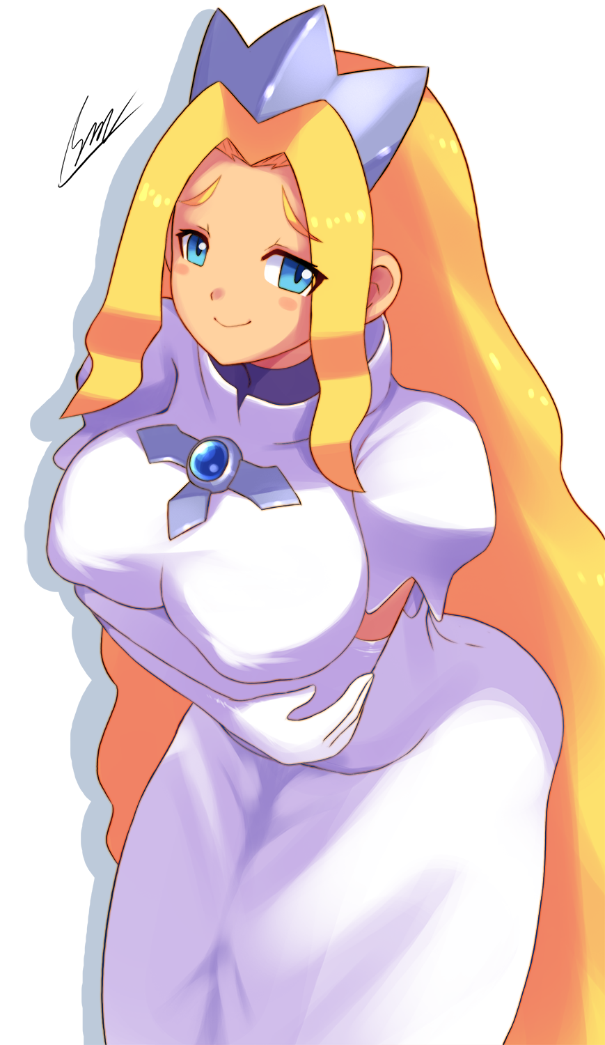 arms_under_breasts blonde_hair blue_eyes blush breast_hold breasts covered_nipples crossed_arms dress elbow_gloves erect_nipples female gloves highres large_breasts leaning_forward long_hair princess princess_pride puffy_sleeves rockman rockman_exe shoutaro_saito signature simple_background smile solo tiara very_long_hair white_background white_dress white_gloves