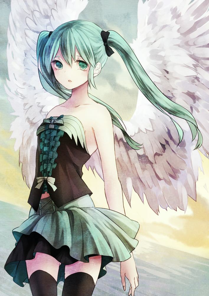 green_eyes green_hair hatsune_miku long_hair skirt solo thighhighs twintails vocaloid wings yuuji_(yujikazakiri)