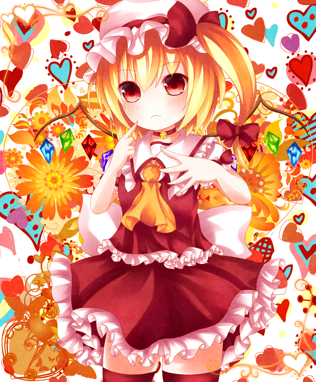 ascot bad_id bad_pixiv_id bell blonde_hair blush bow choker cowboy_shot finger_to_face flandre_scarlet floral_background frilled_skirt frills frown hair_bow hat hat_ribbon heart heart_background highres jingle_bell looking_at_viewer mob_cap red_eyes red_legwear ribbon rinne_(kouheiramia) short_hair short_sleeves side_ponytail skirt skirt_set solo spread_fingers thighhighs touhou white_background wings zettai_ryouiki