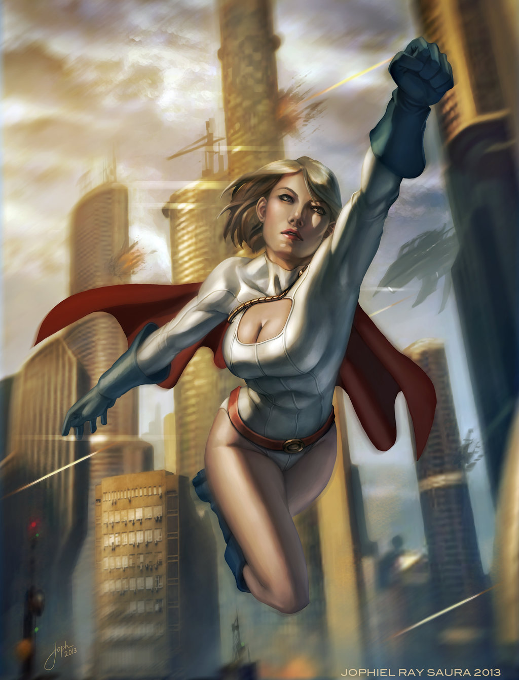 1girl 2013 alien blonde_hair blue_eyes blue_gloves blue_shoes breasts building cape city cleavage_cutout cloud dc_comics explosion female flying gloves jophiel_ray_saura kryptonian large_breasts leotard power_girl red_cape shoes sky space_craft spaceship traffic_light
