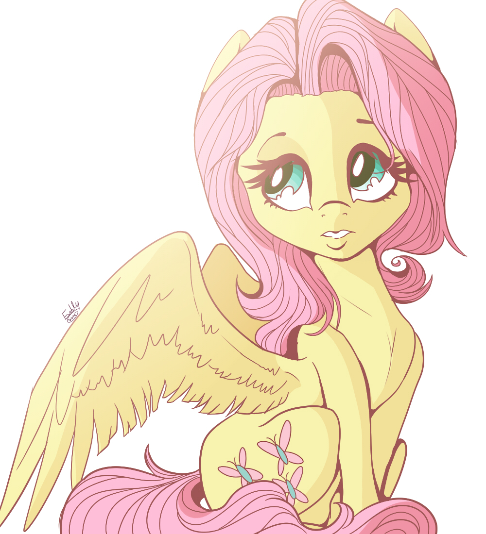 cutie_mark equine evehly female fluttershy_(mlp) friendship_is_magic fur hair long_hair looking_up mammal my_little_pony pegasus pink_hair plain_background solo white_background wings yellow_fur