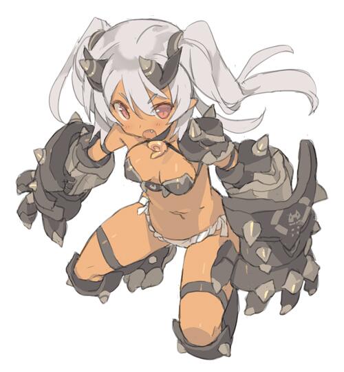 arm_strap armor bikini_armor blade_(galaxist) breasts dark_skin fang gauntlets greaves horns jpeg_artifacts kneeling long_hair medium_breasts navel open_mouth original pauldrons red_eyes shiny shiny_skin silver_hair simple_background solo thigh_strap twintails white_background