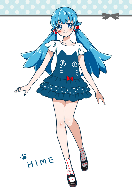 alternate_hairstyle blue_dress blue_eyes blue_hair character_name dress english eyelashes fashion full_body hair_ornament happinesscharge_precure! happy kagami_chihiro long_hair looking_at_viewer precure ribbon shirayuki_hime shoes smile socks solo standing twintails white_background