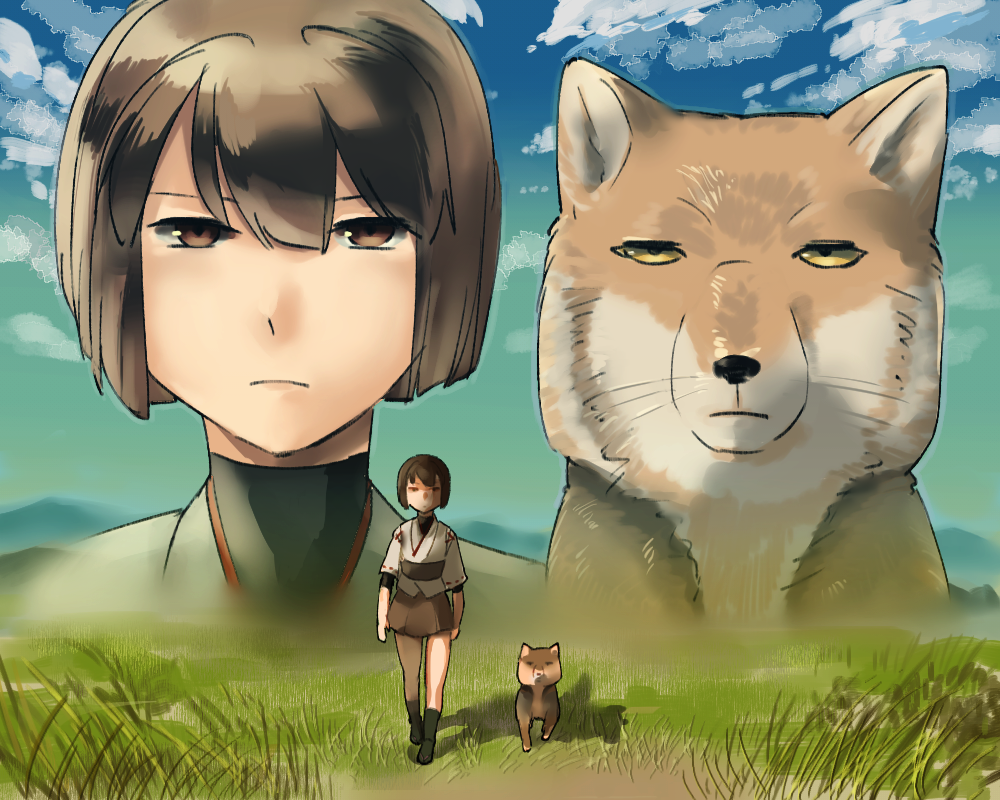 1girl animal_ears black_footwear brown_eyes brown_hair chamaruku cloud commentary_request day dog dog_ears expressionless eyebrows face hair_between_eyes hyuuga_(kantai_collection) japanese_clothes jitome kantai_collection outdoors partial_commentary shoes short_hair sky tibetan_sand_fox walking