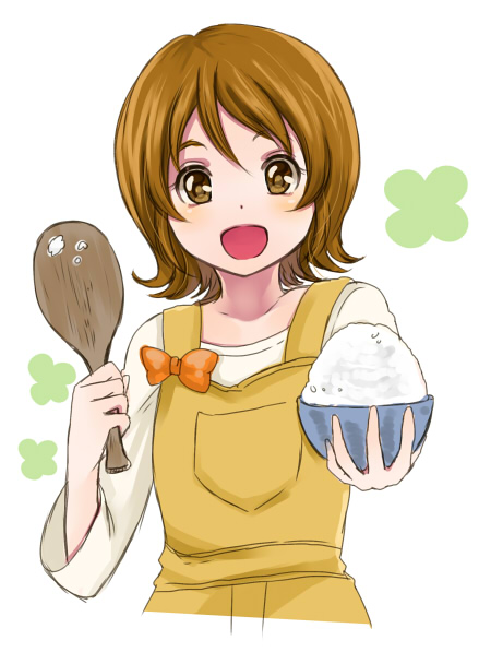 :d bad_id bad_pixiv_id blush bowl brown_eyes brown_hair happinesscharge_precure! oomori_yuuko open_mouth overalls precure rice rice_bowl rice_spoon sasamaru_chimaki smile solo