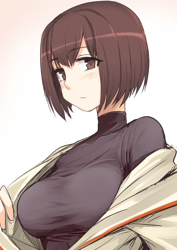 blush breasts brown_eyes brown_hair gradient gradient_background hyuuga_(kantai_collection) kantai_collection kumadano large_breasts looking_at_viewer off_shoulder shirt short_hair simple_background solo taut_clothes taut_shirt turtleneck upper_body