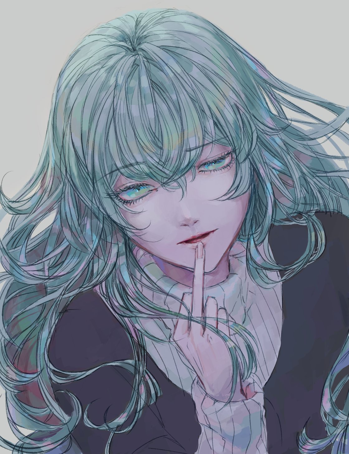 1girl eto_(tokyo_ghoul) finger_to_mouth green_eyes green_hair grey_background highres lips middle_finger nose ofukafukao open_eyes open_mouth tokyo_ghoul tokyo_ghoul:re