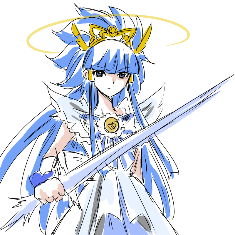 aoki_reika blue_dress blue_eyes blue_hair cure_beauty dress eyelashes hair_tubes halo jewelry long_hair magical_girl precure princess_form_(smile_precure!) ribbon serious simple_background sketch smile_precure! solo spiked_hair standing sword tiara tsukikage_oyama weapon white_background wrist_cuffs