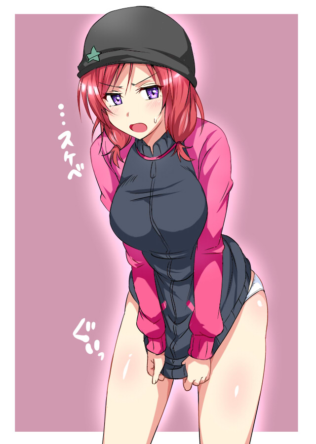 beanie blush covering covering_crotch hat jacket jacket_tug love_live! love_live!_school_idol_project nishikino_maki no_pants open_mouth panties purple_eyes red_hair sanrokumaru short_hair short_twintails solo track_jacket twintails underwear white_panties
