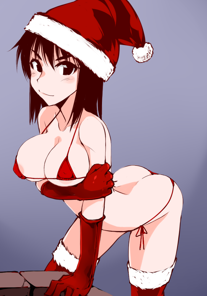 arched_back bent_over bikini black_eyes black_hair breast_hold breasts butt_crack christmas cosaten elbow_gloves fur_trim gloves hat large_breasts red_bikini red_gloves red_legwear santa_hat school_rumble short_hair solo string_bikini suou_mikoto swimsuit thighhighs