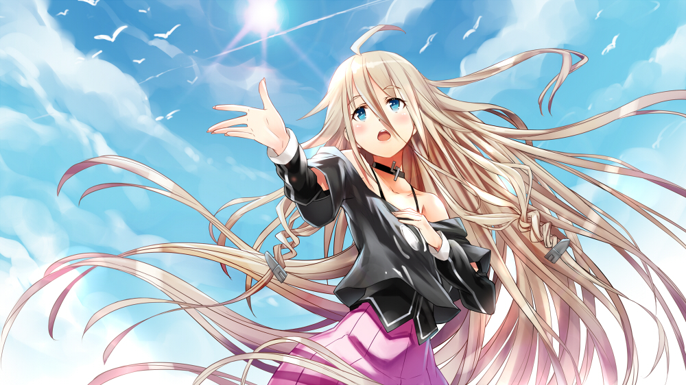 bird blonde_hair blue_eyes blush braid choker cloud day detached_sleeves gabiran hand_on_own_chest ia_(vocaloid) long_hair music off_shoulder open_mouth outstretched_arm singing sky sun twin_braids very_long_hair vocaloid