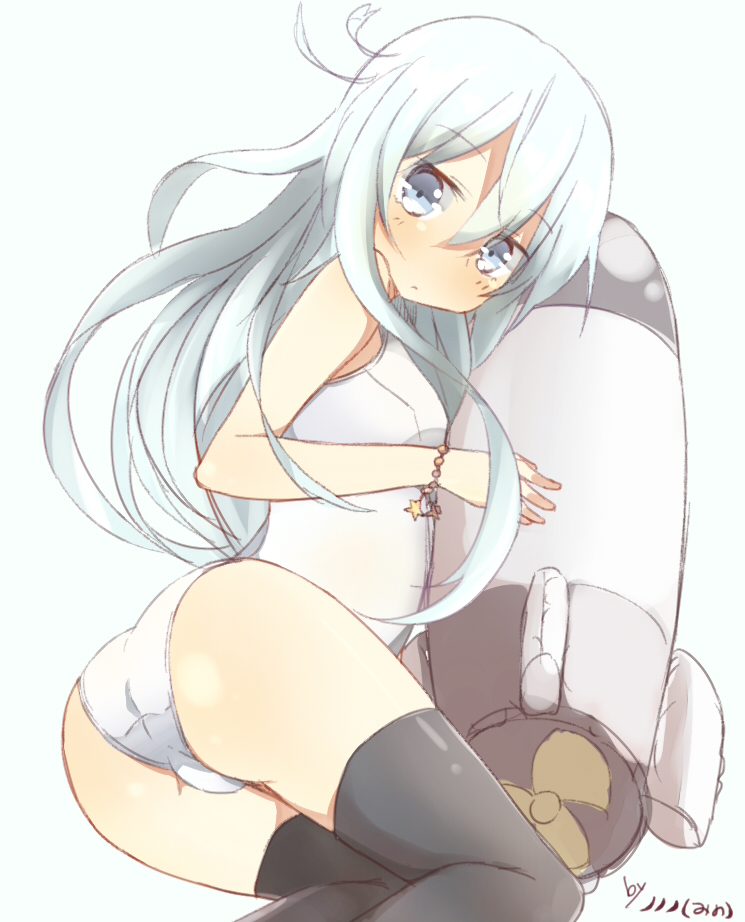 ass black_legwear bracelet hammer_and_sickle hibiki_(kantai_collection) jewelry kantai_collection long_hair looking_at_viewer nonono_(mino) one-piece_swimsuit school_swimsuit silver_eyes silver_hair solo star swimsuit thighhighs torpedo verniy_(kantai_collection) white_school_swimsuit white_swimsuit