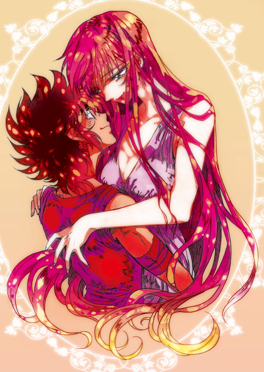 1girl akira-riku athena_(saint_seiya) brown_hair carrying couple eye_contact hetero highres hug kido_saori long_hair looking_at_another pegasus_seiya purple_hair saint_seiya short_hair