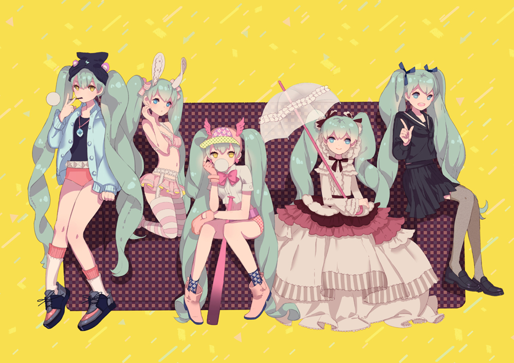:d :o alternate_costume animal_ears bubble_blowing bunny_ears chewing_gum couch garter_belt gloves green_hair hat hatsune_miku jacket jewelry kneehighs kneeling loafers lolita_fashion long_hair multiple_girls navel necklace open_mouth ririfa school_uniform serafuku shoes short_shorts shorts sitting smile socks striped striped_legwear thighhighs twintails umbrella v vocaloid yellow_background yellow_eyes