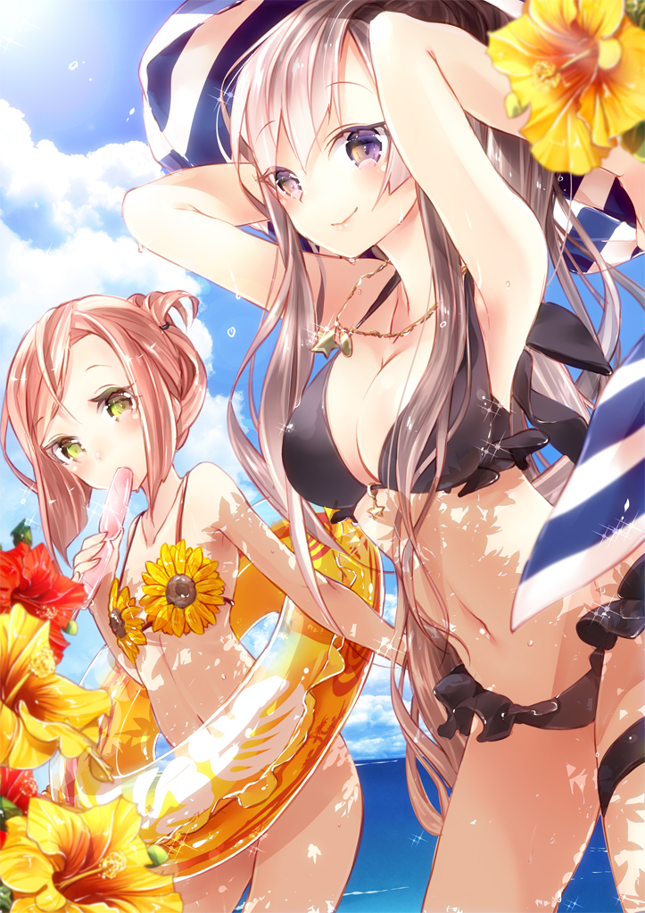 2girls armpits arms_up bikini breasts brown_hair cleavage cloud day flat_chest flower green_eyes hibiscus innertube jewelry large_breasts long_hair looking_at_viewer mouth_hold multiple_girls necklace original purple_eyes revision short_hair silver_hair smile sun sunflower sweat swimsuit towel water wet