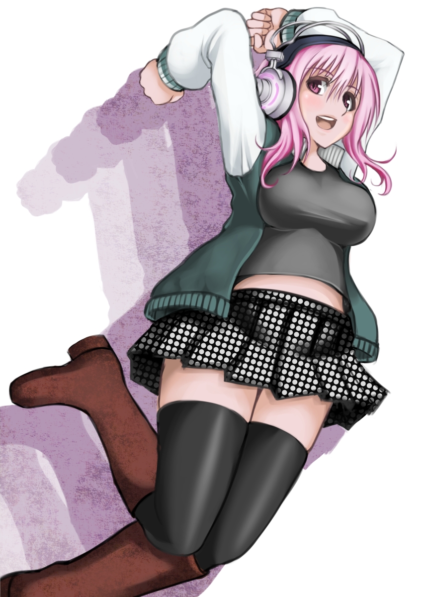 blush boots breasts deni_m headphones highres jumping large_breasts long_hair looking_at_viewer navel nitroplus open_mouth pink_eyes pink_hair smile solo super_sonico thighhighs