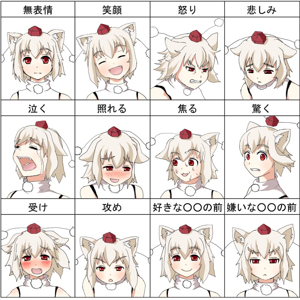1girl :&lt; :3 angry animal_ears bare_shoulders blush closed_eyes crying expressions expressive_clothes fang hat inubashiri_momiji looking_at_viewer multiple_views open_mouth pom_pom_(clothes) red_eyes sad shirt short_hair silver_hair smile surprised tears tokin_hat touhou translated wolf_ears