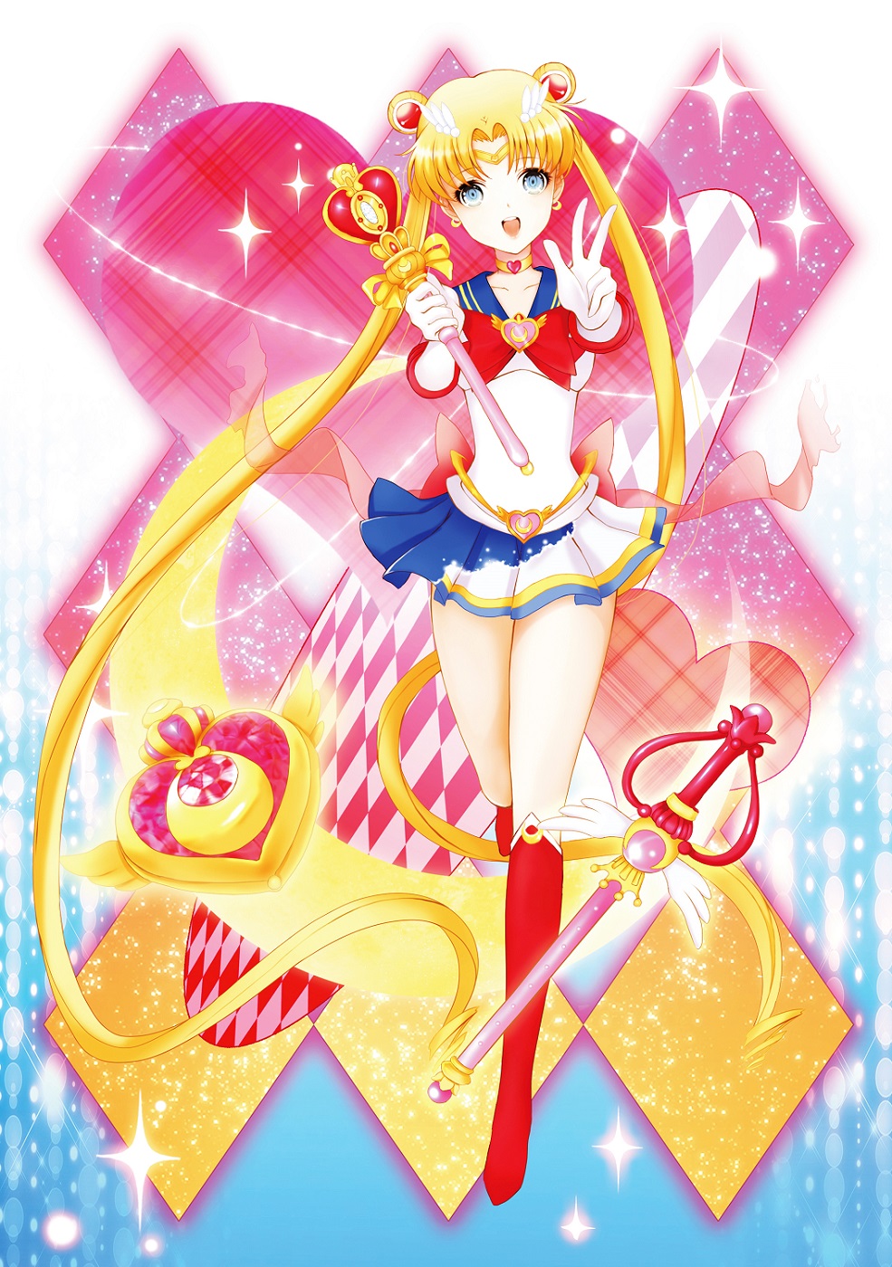 back_bow bishoujo_senshi_sailor_moon blonde_hair blue_eyes blue_sailor_collar boots bow brooch choker double_bun full_body fusion gloves heart heart_choker henshin highres jewelry kaleidomoon_scope knee_boots long_hair magical_girl multicolored multicolored_clothes multicolored_skirt red_bow ribbon sailor_collar sailor_moon sailor_senshi_uniform skirt smile solo spiral_heart_moon_rod super_sailor_moon tiara tsukino_usagi twintails v wang_jiabo white_gloves