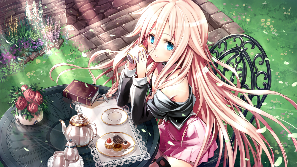 bare_shoulders blush book braid chair chocolate choker creamer_(vessel) cup cupcake flower food fork from_above gabiran grass ia_(vocaloid) long_hair off_shoulder outdoors petals pink_hair plate rose sitting skirt solo table tea_set teacup teapot thigh_strap tray twin_braids vase vocaloid