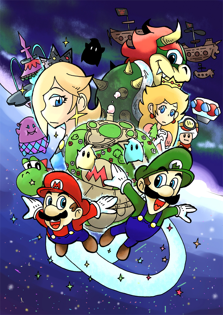 5boys bad_id bad_pixiv_id blonde_hair blue_eyes blue_overalls bowser brown_hair captain_toad chiko_(mario) commentary_request crown facial_hair flying gloves green_hat green_shirt hat horns lubba luigi mario mario_(series) multiple_boys multiple_girls mustache overalls princess_peach red_hair rosetta_(mario) setz ship shirt sky space star_(sky) starry_sky super_mario_bros. super_mario_galaxy toad watercraft white_gloves yoshi