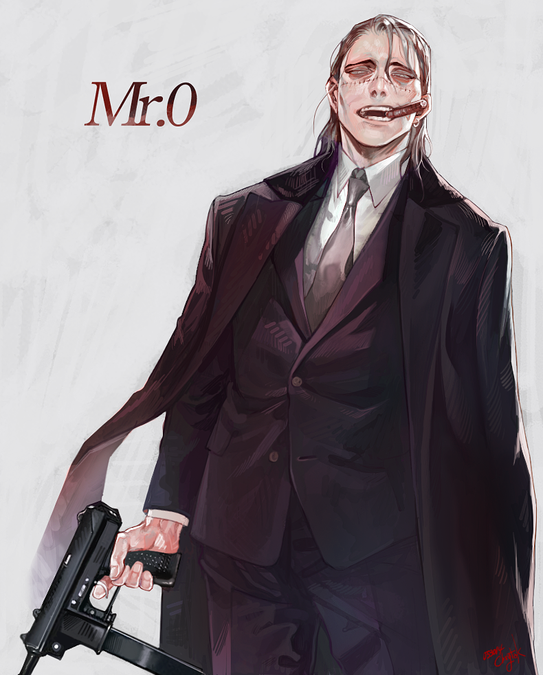 albinoalli bad_id bad_pixiv_id black_hair character_name cigar contemporary earrings finger_on_trigger formal gun holding holding_gun holding_weapon jacket_on_shoulders jewelry long_coat long_hair male_focus necktie one_piece scar signature sir_crocodile smoking solo stitches suit weapon