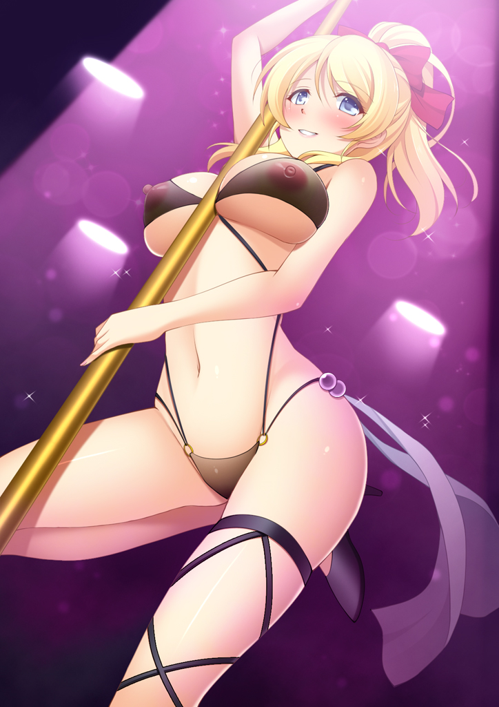 ayase_eli blonde_hair blue_eyes bow breasts covered_nipples from_below hair_bow high_heels large_breasts long_hair looking_at_viewer looking_down love_live! love_live!_school_idol_project narutaki_shin navel nipples o-ring pole pole_dancing ponytail see-through solo stripper_pole