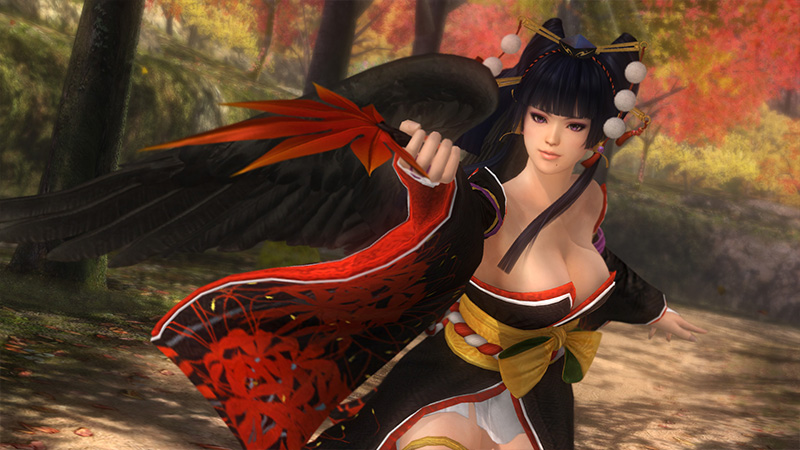 1girl 3d black_hair breasts dead_or_alive dead_or_alive_5 forest large_breasts nature nyo-tengu nyotengu official_art screencap solo tecmo