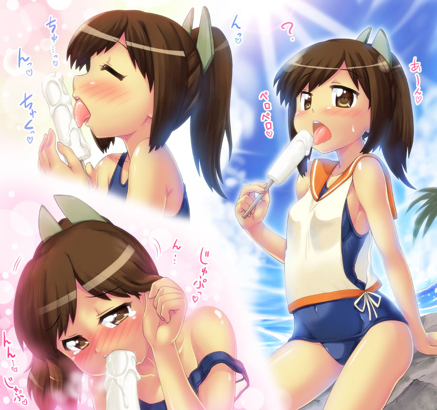 brown_eyes brown_hair food hase_yu i-401_(kantai_collection) kantai_collection licking multiple_views ponytail popsicle sailor_collar school_swimsuit sexually_suggestive short_hair swimsuit swimsuit_under_clothes