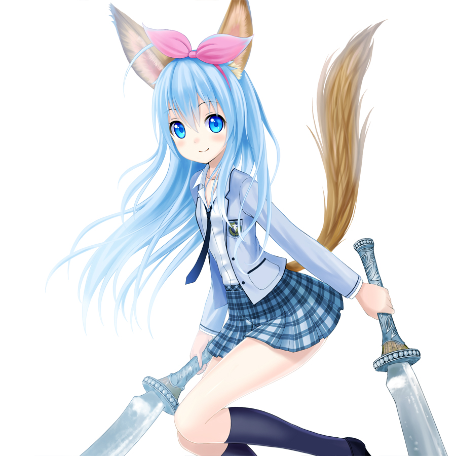 animal_ears aqua_hair blue_eyes elin_(tera) long_hair setona_(daice) solo tail tera_online weapon